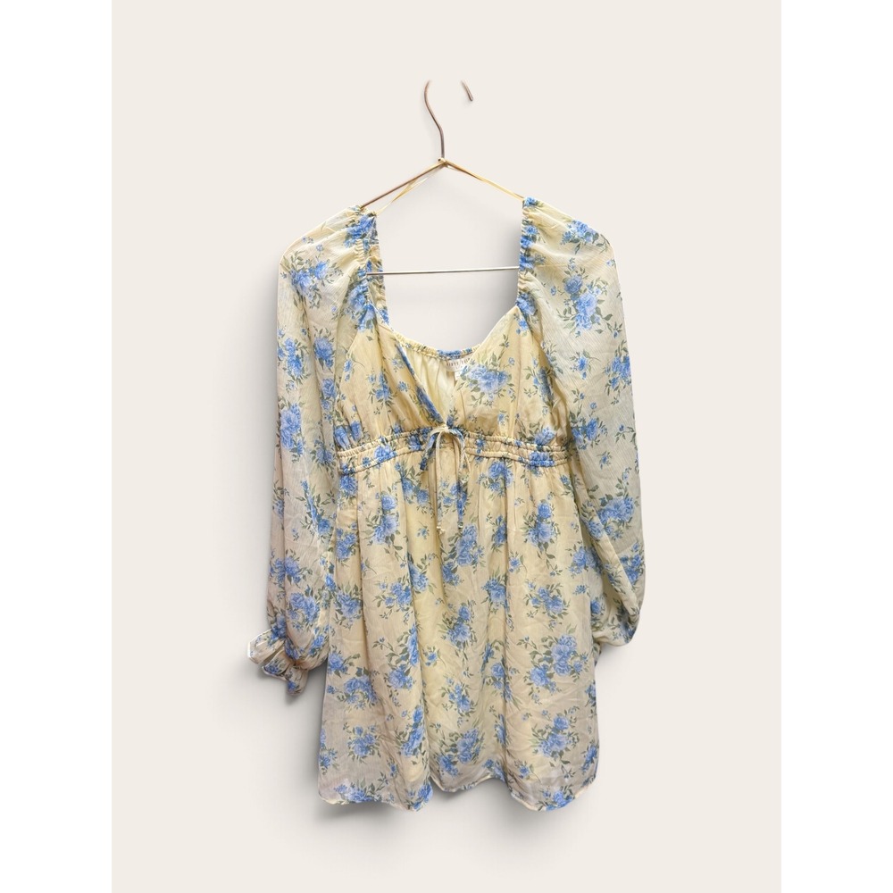 Thirty Thirty LA Yellow Blue Floral Square Neck Smocked Mini Dress Large NWT